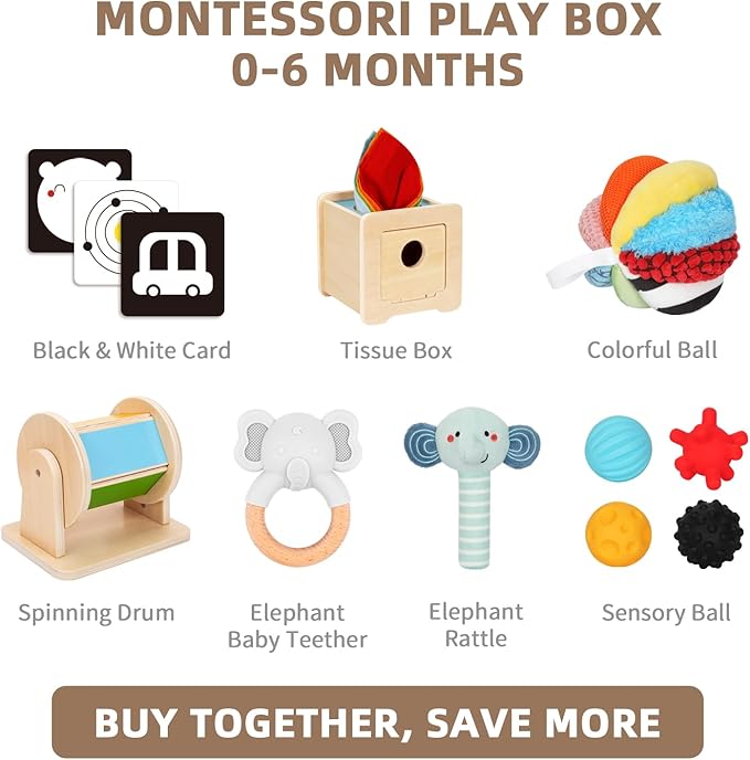 Montessori Toys for Babies 0-6 Months, 7 in 1 Newborn Baby Toys with Spinning Drum, Colorful Fabric Ball, Tissue Box Toy, Sensory Balls, Contrast Cards and More, Great Educational Toy for Baby