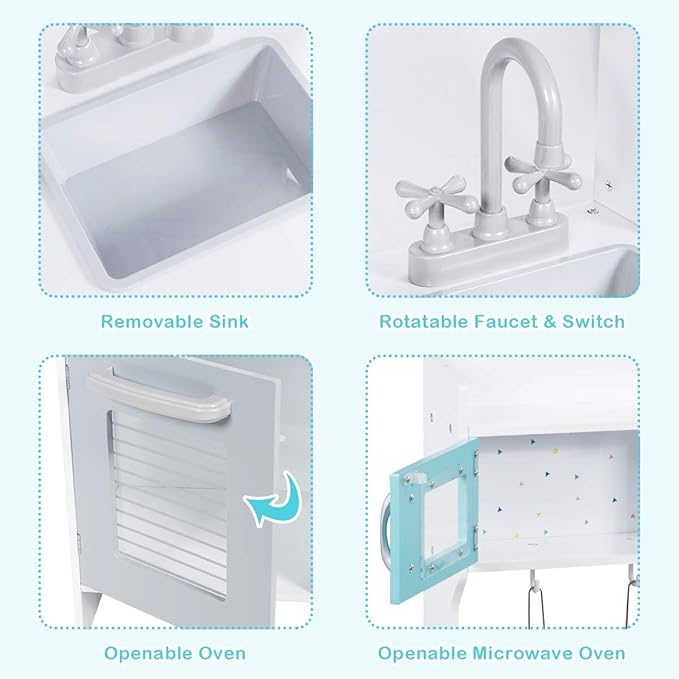 HONEY JOY Kids Kitchen Playset, Toddlers Wooden Play Kitchen Set w/Microwave, Sink, Stove & Oven, Cookware Utensils, Large Storage Shelf, Little Chef Pretend Play Toy Kitchen Set for Boy Girl Age 3+