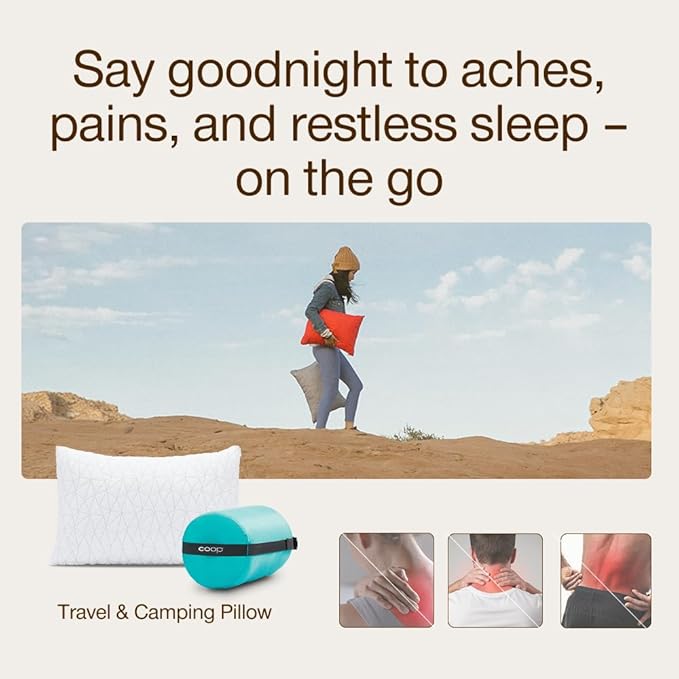 Coop Home Goods Original Adjustable Travel Pillow and Waterproof Pillow Protector Grey Bundle with Compressible Stuff Sack, Medium-Firm Memory Foam and Washable Cover, CertiPUR-US Certified (19x13)