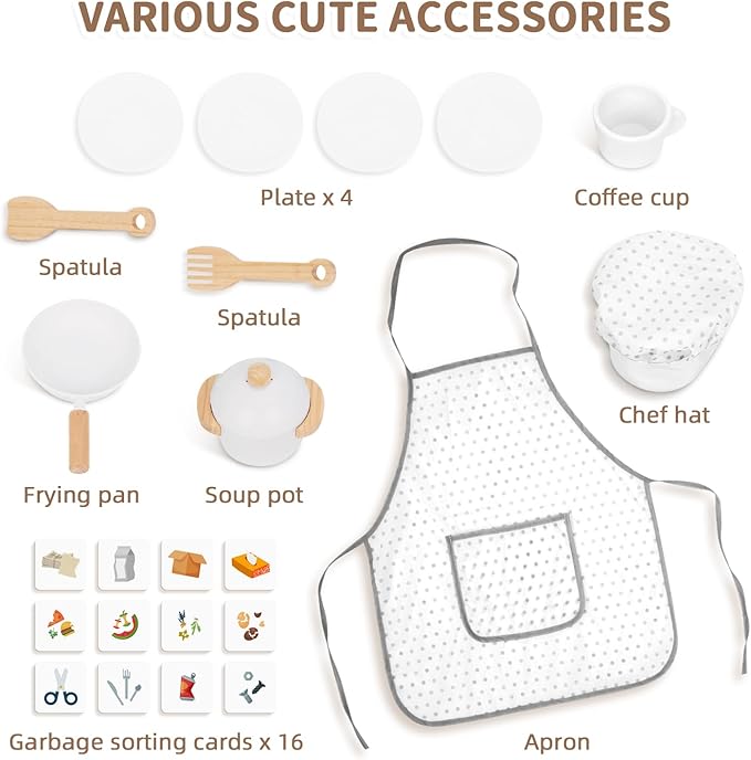 Kids Kitchen Playset with Garbage Classification, Wooden Pretend Play Kitchen with Sound and Light, Kitchen Set for Kids Equipped with Blackboard, Worldmap ect., Gift for Boys and Girls Aged 3+