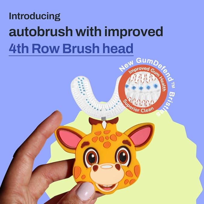autobrush U Shaped Kids Manual Toothbrush- 360° Design for Upto 5.1X Better Cleaning with Unique Nylon Bristles, Comfort Grip Handle, Waterproof Design, Ages 9-12, Giraffe (Double-Sided)