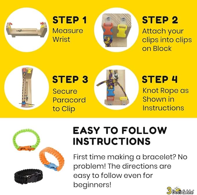 3 Bees & Me Paracord Bracelet Kit for Boys & Girls - Complete DIY Friendship Bracelet Maker Set with Jig Loom & Paracords for Kids, Tweens & Teens
