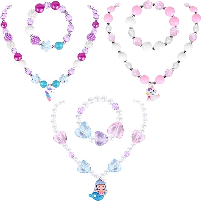BigOtters Girl Princess Necklace Bracelet, Sets of 3 Colorful Jewelry Necklaces for Girls Toddlers Princess Dress up