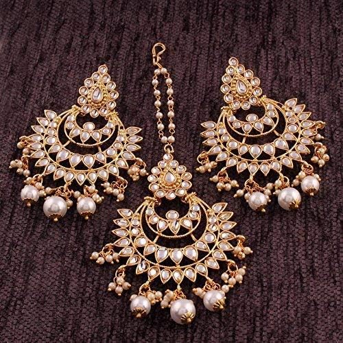 Aheli Ethnic Faux Kundan Drop Pearl Beads Dangle Earrings Maang Tikka Set Bollyood Fashion Jewelry for Women & Girls