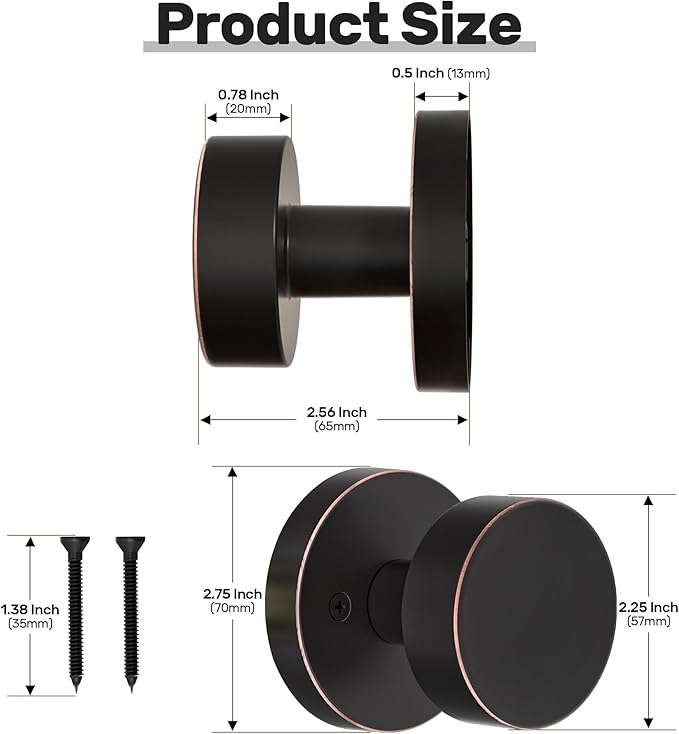 2 Pack Antique Bronze Dummy Door Knob Interior Door Knobs for Closet and Hallway Doors, Vintage Style Round Dummy Door Handle Oil Rubbed Bronze Finish