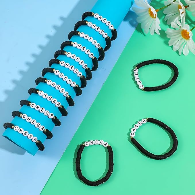 24 Pcs Cheerleader Gifts for Girls Handmade Friendship Bracelets for Teen Girls Stretch Cheer Bracelets Y2k Cheer Stuff Stackable Clay Bead Bracelets Bulk Teens Birthday Christmas Party Favors