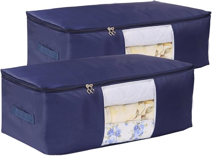 Blanket Storage Bags Pillow Bedspread Bedding Clothes Organizer Storage Containers With Zippers Breathable and Moistureproof. (Navy blue 2pcs, L)