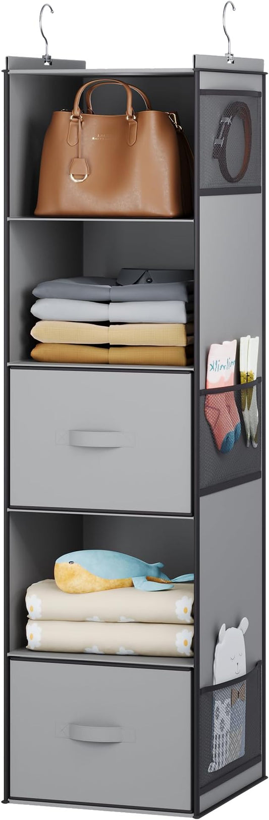 YOUDENOVA Hanging Closet Organizer, 5 Tier Hanging Closet Shelves with Drawers and 6 Side Pockets, Light Grey