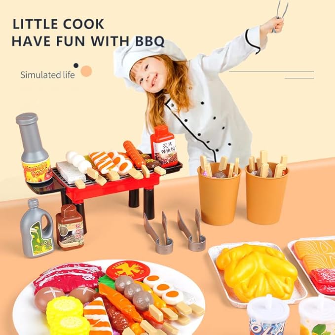 80 PCS BBQ Grill Playset Toy Barbecue Kitchen Cooking Playset, Interactive Grill Play Food BBQ Accessories Set for Girls Boys Toddler Play Cooking Set for Toddlers 1-3 Cooking Toys for Kids Ages 4-8