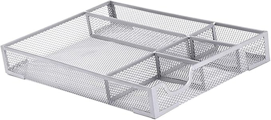 Fockety Desk Drawer Organizer, Metal Mesh Desk Organizer Desktop Storage Tray with Non Slip Rubber Pads 5 Compartments for Makeup, Jewelry, Gadgets, Office, Kitchen, Bedroom, Bathroom (Silver)
