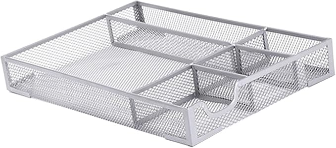 FOSA Desk Drawer Organizer, 5 Compartments Metal Mesh Storage Tray with Non Slip Rubber Pads, for Office Home Kitchen Jewelry Organization (Silver)