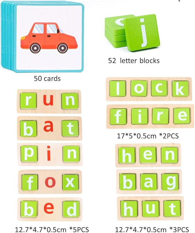 Wooden CVC Word Spelling Games for Kids Ages 3-6, Montessori Educational Toys, Preschool Kindergarten Learning Activities for Toddlers 3 4 5 6 Years Old, Wooden Spelling Blocks