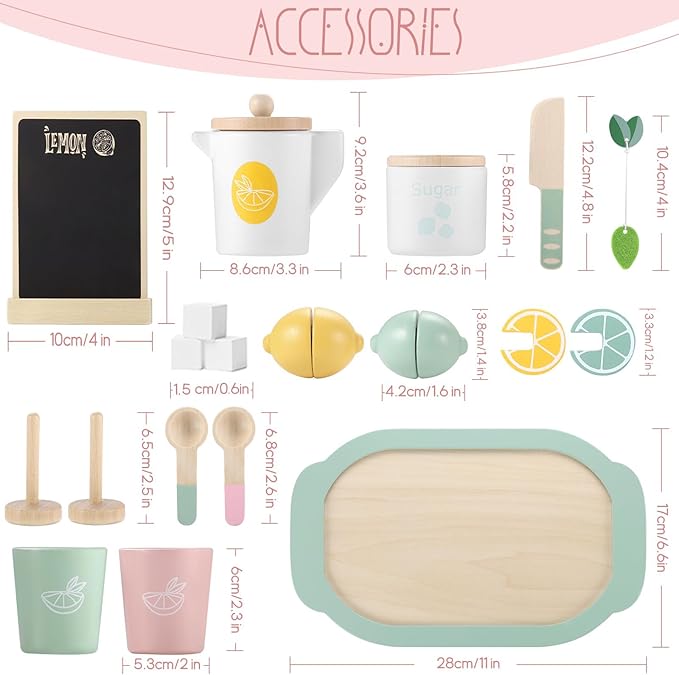 Lemonade Stand for Kids Tea Set Pretend Play Toys Tea Party Set Lemonade Stand Supplies No Assembly Required Non-Toxic Wooden Toys Tea Sets for Toddlers 3-5 Birthday Gift