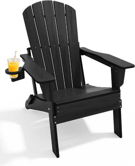 Upgraded Folding Adirondack Chair with All-Weather Cup Holder-EcoVida, Premium Wood Grain Texture, HDPE Waterproof, Suitable for Fire Pit, Patio, Porch, Black