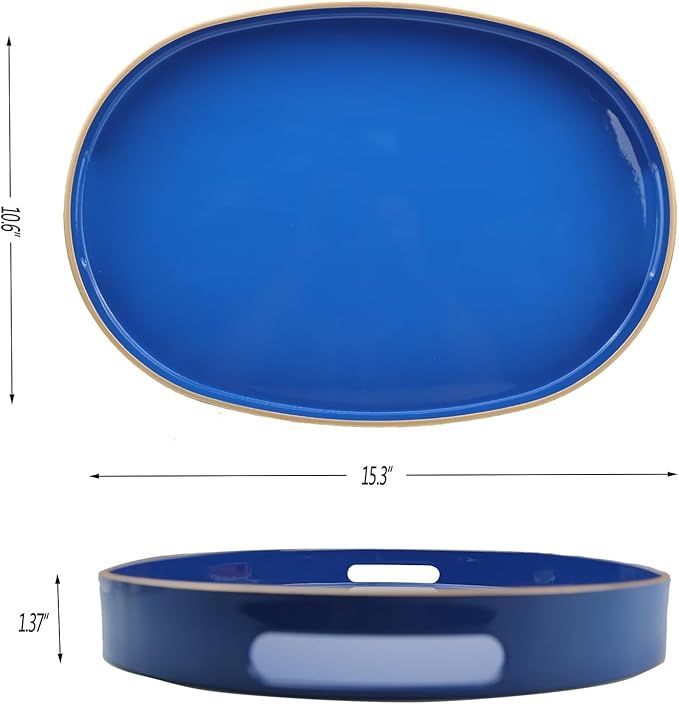 Omuriko Royal Blue Oval Decorative Tray with Handles, Versatile Serving Tray for Coffee Table, Ottoman, Ideal for Serving, Displaying, Organizing