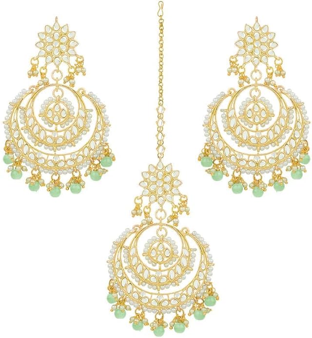 Aheli Bollywood Ethnic Chandbali Style Big Earrings Maang Tikka Set Traditional Fashion Jewelry Gift for Women
