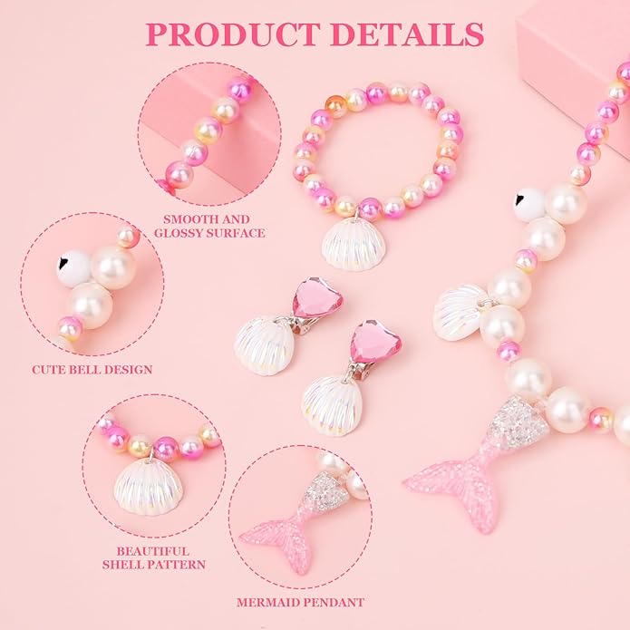 Girl Princess Necklace Bracelet Set, Sea Shell Pearl Earrings and Ring, Pretend Play and Dress up Jewelry Mermaid Style Play Accessories for Birthday Gifts Cosplay, Halloween, Christmas