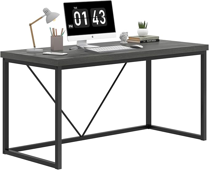 EXCEFUR Modern Home Office Desk, Wood and Metal Computer Desk, Industrial Writing Study Gaming Table for Living Room Bedroom, Rustic Grey, 53 inch