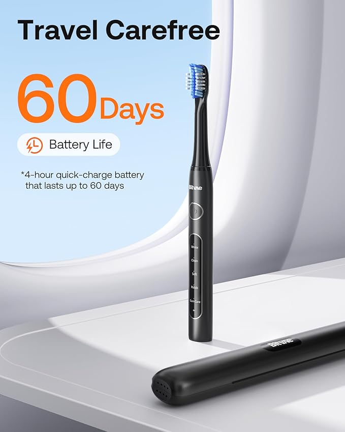 Bitvae Ultrasonic Electric Toothbrush for Adults and Kids, ADA Accepted Travel Electric Toothbrush with Rechargeable 60-Day Battery Life, 8 Toothbrush Heads, 5 Modes, Toothbrush Holder, Black