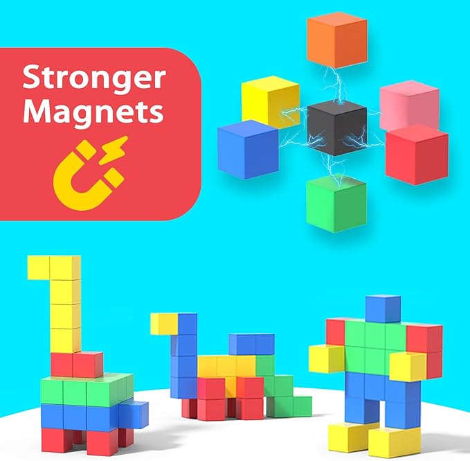Magnetic Blocks for Kids Ages 4-8, 56 Magnetic Building Cubes & 54 Educational Stickers, STEM Magnet Cube Toy for Boys & Girls. Magnetic Cubes for Learning & Creative Play - Birthday