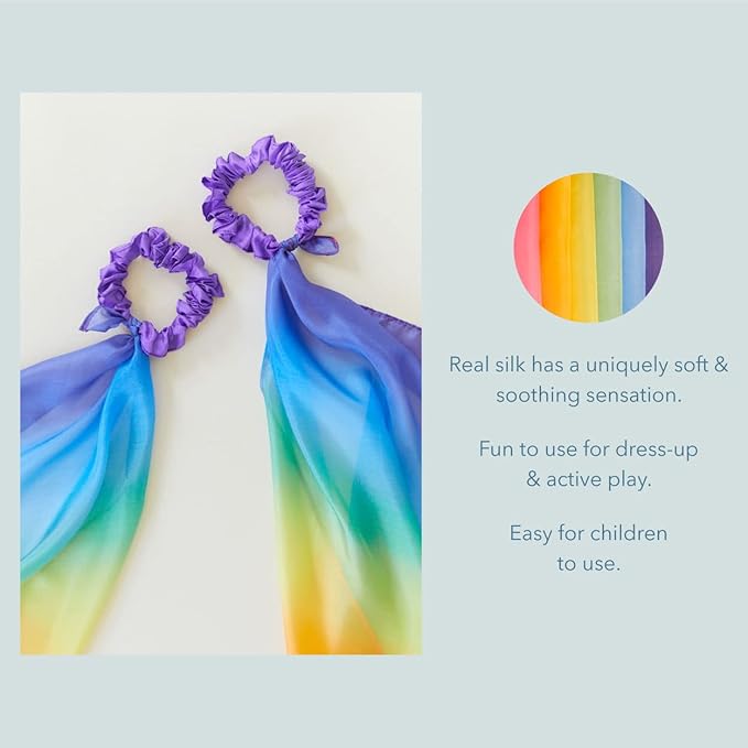Sarah's Silks Wrist Streamers | 100% Silk Montessori and Waldorf Toys | Rhythm Ribbons for Dance, Imaginative, and Pretend Play | Includes 2 Pieces - Rainbow