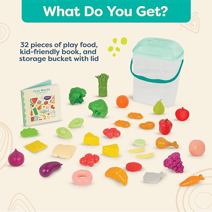 B. toys- Foodie Fun- Pretend Play Food & Board Book Set – 32 Pieces of Play Food – Educational Book for Toddlers – Storage Bucket with Lid – 2 Years +