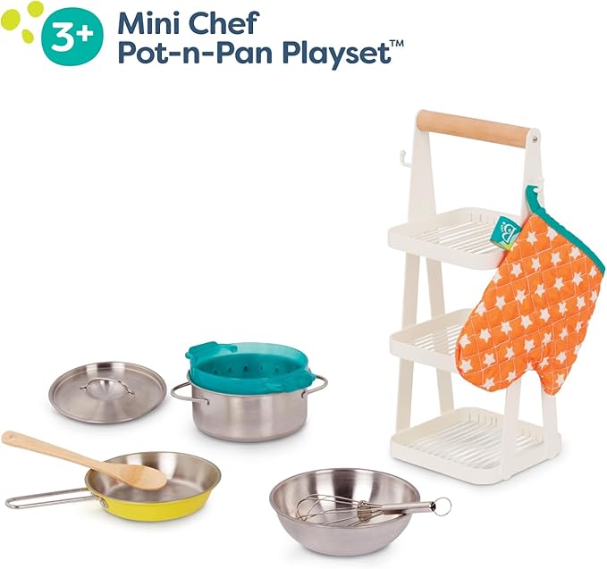 B. toys- Mini Chef - Pot & Pan Playset- Pretend Play Kitchen Accessories – Pot, Pan & Role-Play Cookware – Cooking Toys for Kids – Pretend Play Set – 3 Years + (9 Pcs)