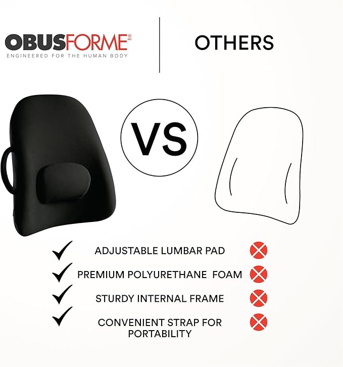 ObusForme Lowback Backrest Support – Lower Back Padded Seat Cushion and Lumbar Support Pillow, Portable Posture Support with Soft and Durable Foam