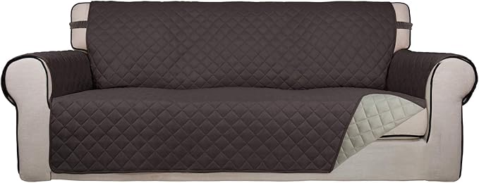 PureFit Reversible Quilted Sofa Cover, Water Resistant Slipcover Furniture Protector, Washable Couch Cover with Non Slip and Elastic Straps for Kids, Dogs, Pets (Oversized Sofa, Chocolate/Beige)