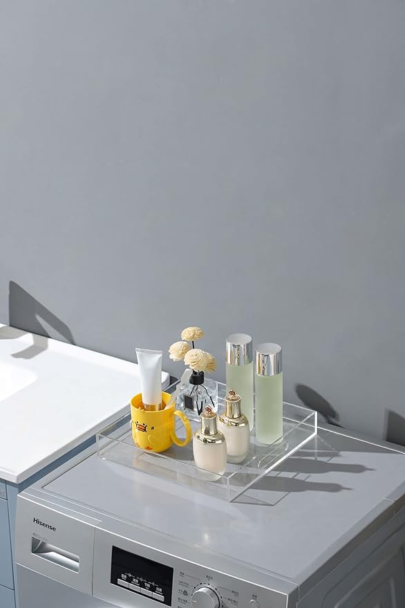 BEYLANG Clear Sturdy Acrylic Serving Tray with Handles-12x12 Inch-Serving Coffee,Appetizer,Breakfast,Butler-Kitchen Countertop Makeup Drawer Organizer-Vanity Table,Ottoman Tray