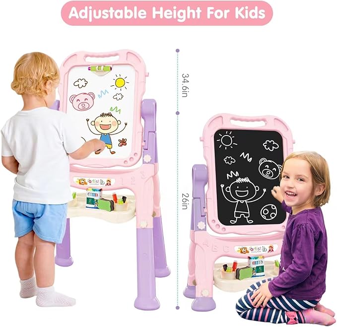 Amagoing Easel for Kids, Adjustable Standing Art Easel for Toddler, Double Magnetic Drawing Board with Painting Accessories, Birthday Christmas Gift for Little Boys and Girls, Middle Size Pink