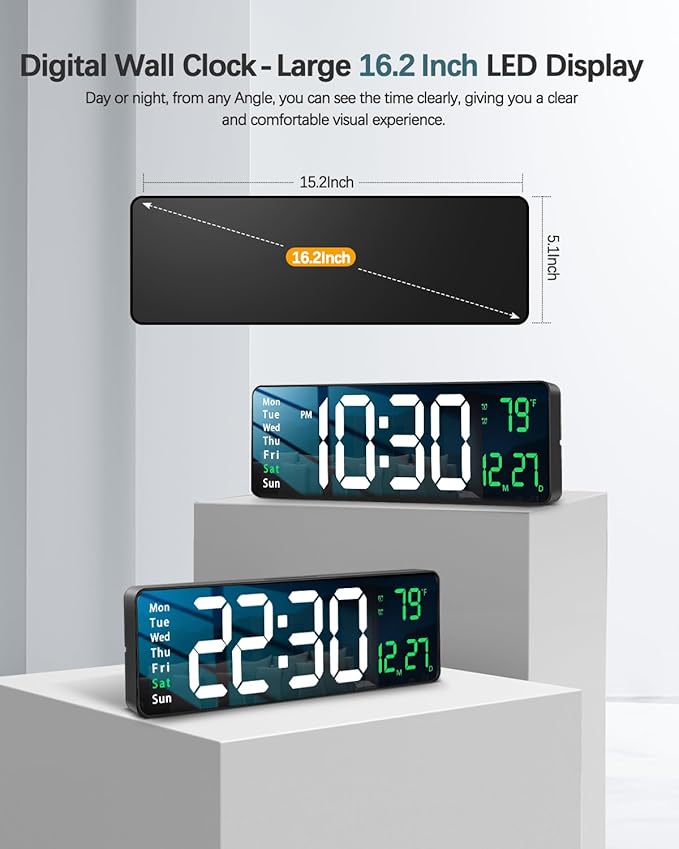 JoFomp Modern 16" Large Digital Wall Clock with Remote Control, LED Display, Auto-Dimming, Countdown, Temperature, Calendar - 12/24Hr Format - Silent Wall Clock for Home, Office, or Gym Use (Green)
