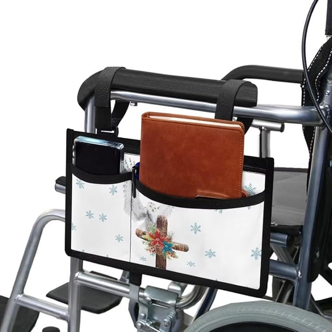 ZOUTAIRONG Crucifix Wheelchair Side Storage Bag Cool Horses Armrest Pouch with Cup Holder Wheelchair Accessories Organizer Bags for Walkers Rollator, Ideal Gift for Seniors
