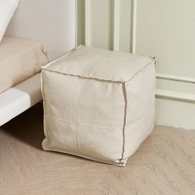 Louis Donné Unstuffed Pouf Ottoman Footstool Cover Handmade Faux PU Leather Moroccan footrest Cover for Living Room Storage Clothes blancket Balcony Office Outdoor Square Beige 17.7"(Only Cover)