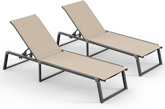 Aluminum Chaise Lounge Outdoor Set of 2, Foldable & Assembly Free Patio Pool Lounge Chairs 5-Position Recliner for Outside Poolside, Fully Grounded Legs Sun Lounger for Beach, Yard, Khaki