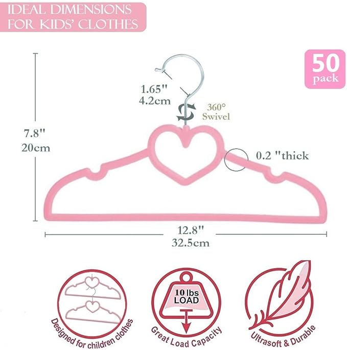 Kids Velvet Hangers 50 Pack, 12.8 Inch Non Slip Toddler Hangers, Ultra Slim Space Saving Childrens Hangers - 360° Swivel Hook, Cascade Design, Durable & Cute Baby Hangers (Pink