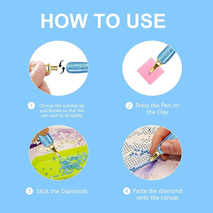 22PCS DIY Diamond Art Pen Painting Tool Set - Metal Threaded Tip Accessories Gem Resin Dotting Pen Supplies Kit (Blue Pen + 12 Tips + 9 Dotting Clay)