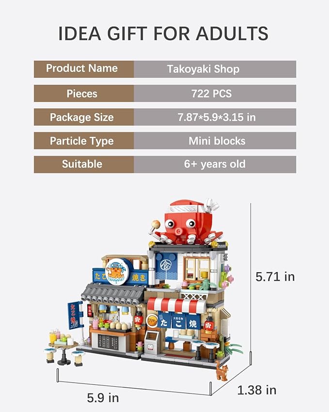 Japanese City Street View Takoyaki Shop, MOC Creative Building Blocks House Set, Simulation Architecture Construction Toy, Gifts Idea for Kids Adults (Mini Blocks 722 pcs)