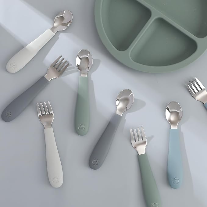 CoixFoam 8 Pieces Toddler Utensils, Toddler Safe Silverware Set With Food Grade Silicone Hanlde, 18/8 Stainless Steel, Perfect Length For New Self Feeders, Dishwasher Safe