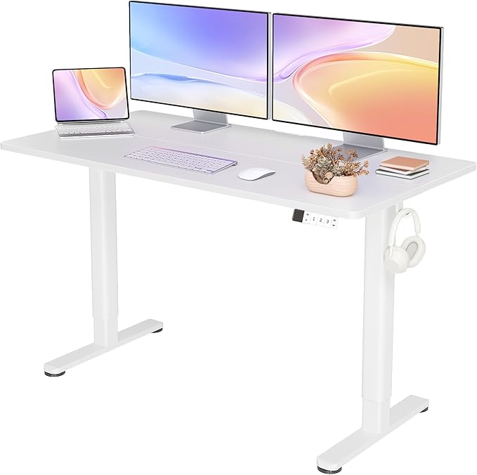 Seang Electric Height Adjustable Standing Desk, 55 x 24 Inch Sit-Stand Desk with T-Shaped Frame, 3 Memory Presets & Cable Management for Home Office Computer Workstation, White Frame/White Top