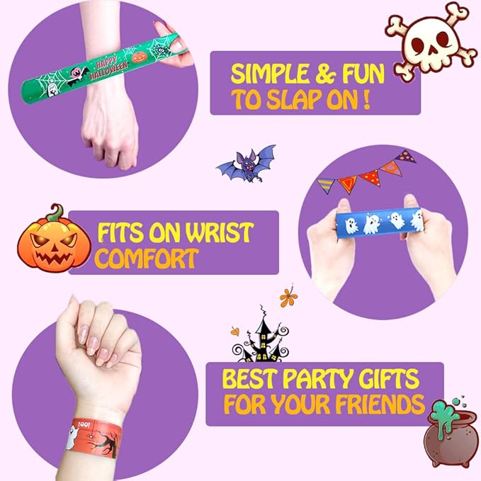 48Pcs Halloween Slap Bracelets for Kids, Trick or Treat Halloween Gifts for Party Favors, Classroom Prizes, Carnival Prizes,Halloween Goodie Bags (Halloween Slap Bracelets)