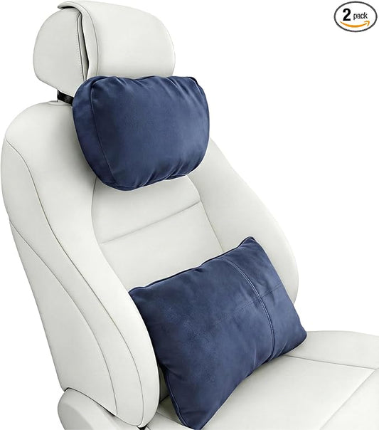 2PCS Welbrit Car Pillow for Car Neck Pillow for Driving Seat Lumbar Support Soft Cushion with Extra Filling Accessories Back Support for Travel Nap and Trips Sleeping(Blue, Head and Lumbar)