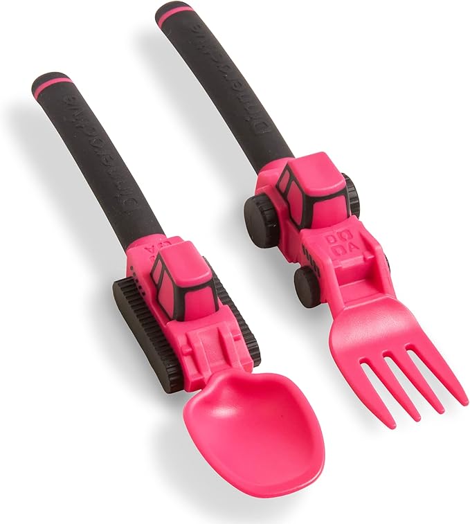 Dinneractive Utensil Set for Kids – Construction Themed Toddler Forks and Spoons, Toddler Utensils – 2PC Set – Fuchsia Construction Utensils For Toddlers - Loader & Tractor Toddler Spoons and Forks