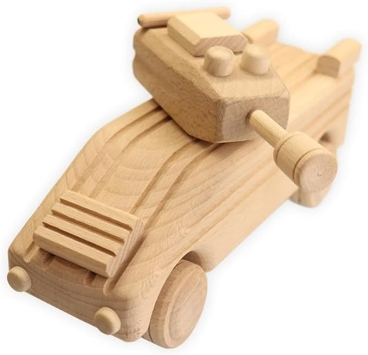 Handmade Wooden Toy Transporter, Paintable WW2 Army Car, Rotating Turret & Wheels, Children's Handcrafted Military Toy, Ideal for Boys, Decoration, Kids Play and Learning