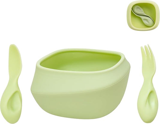 Toddler Utensils Set Ergonomic Fork and Spoon and Bowl Set Non-Slip Design for baby 12+ Month Self-Feeding Olds BPA Free Silicone Microwave and Dishwasher Safe Fine Motor Skills (Green)