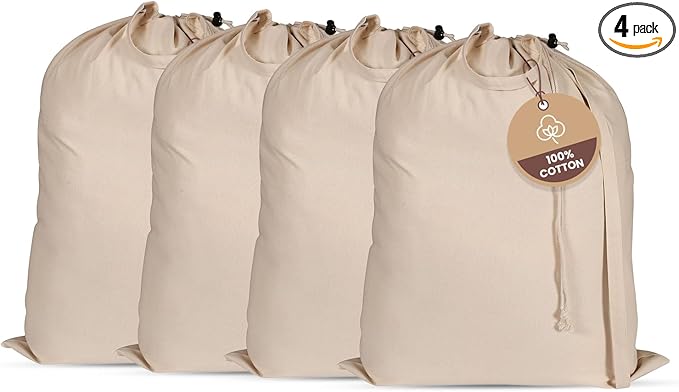 LFH Home Large Premium 100% Cotton Canvas Laundry Bag with Drawstring and Handles Heavy Duty, Multi-Use, and Washable for Home, Travel, College or Storage 24x36 (Pack of 4)-Natural