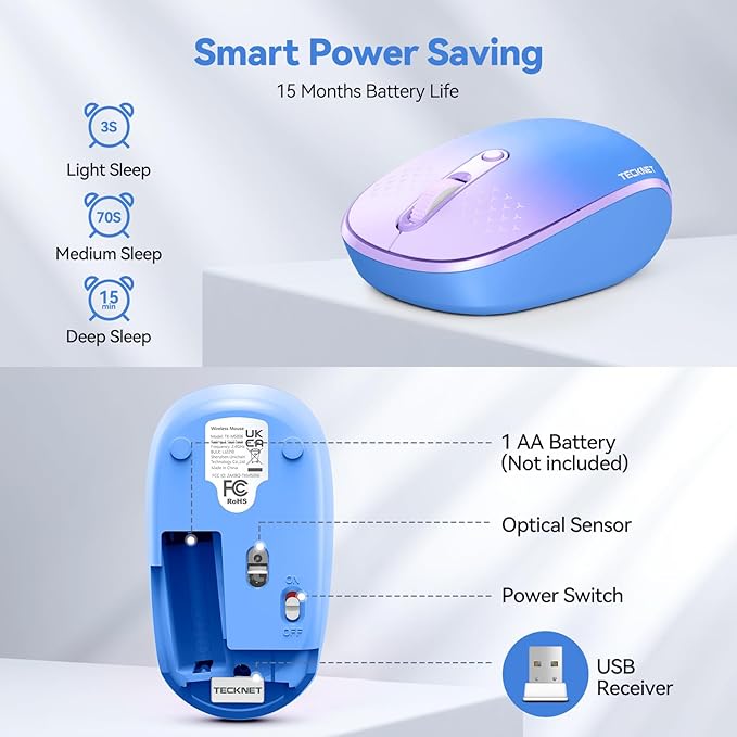 TECKNET Wireless Mouse, 2.4G Quiet Computer Mouse with USB Receiver, 4 Buttons Portable Cordless Mice for Chromebook, Laptop, PC, Mac, 800/1200/1600 DPI - Blue-Purple Gradient