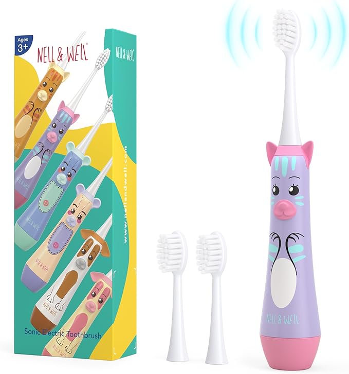 NELL&WELL Kids Electric Toothbrush, 2-Min Timer, 3 Modes with Memory, IPX 7 Waterproof, Battery Powered Kids Toothbrush with 3 Soft Bristles Heads for Children Boys and Girls Ages 3+