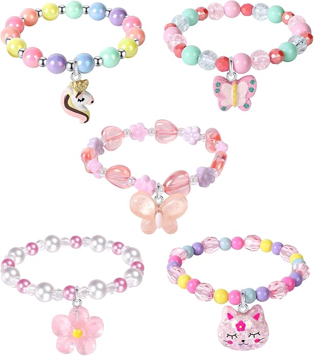 5 Pieces Colorful Girls Unicorn Bracelets Rainbow Beaded Bracelet for Birthday Party Favors Flower Friendship Bracelet Jewelry Little Girls Toddler Costume Butterfly Jewelry