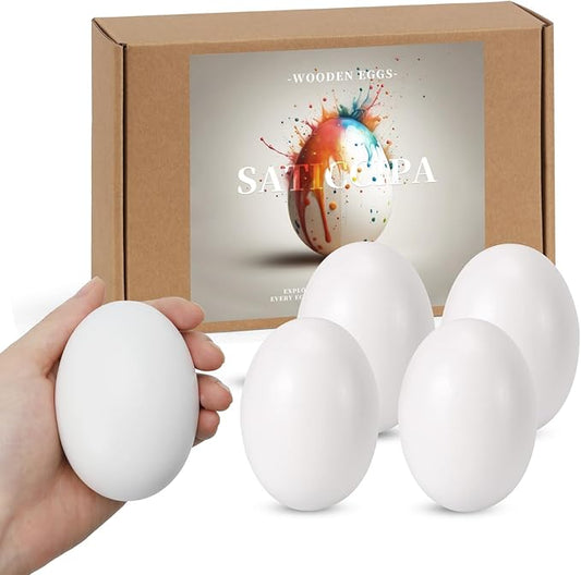 Large White Wooden Eggs,3.1x2.3 inches 4 Count Wooden Eggs in Carton for Painting, Crafts, and Dyeing, Food Toys for Kitchen Play and Room Decor